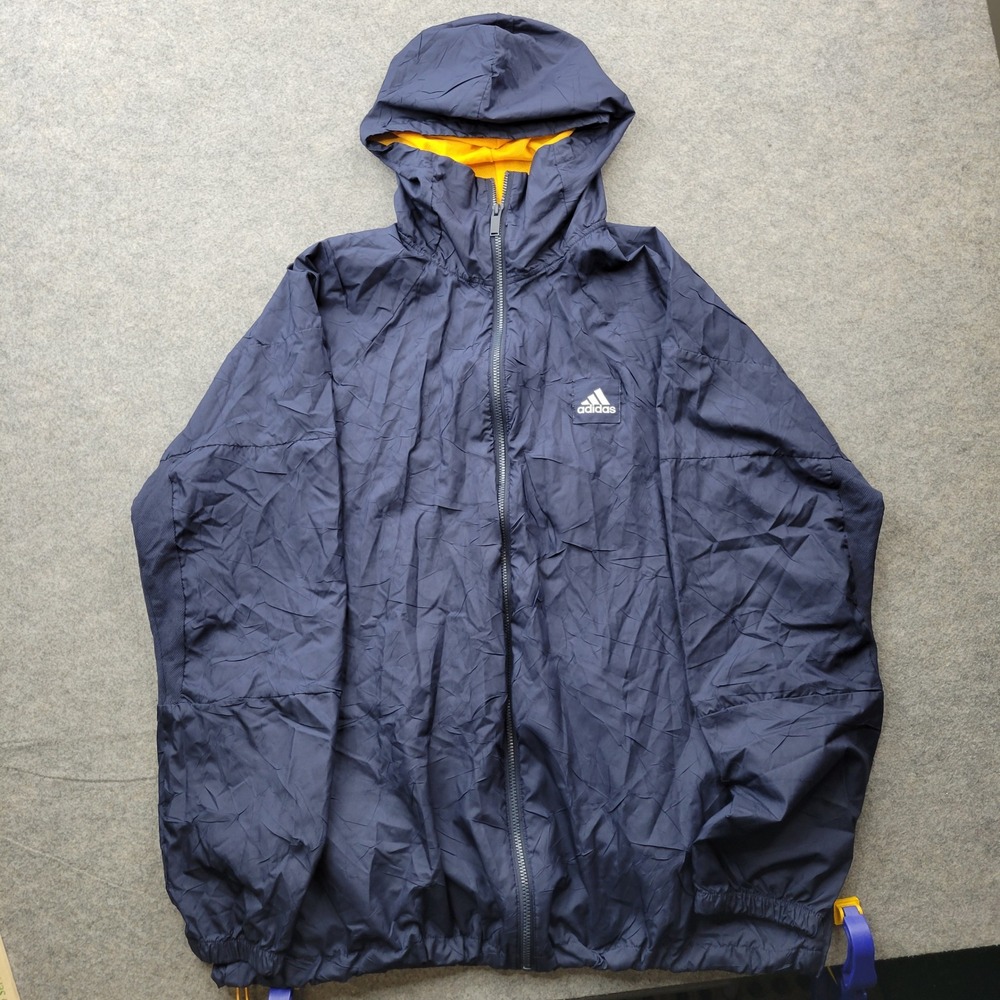 Adidas Mens XL Navy Blue Yellow Mesh Lined Hooded Windbreaker Jacket Full Zip